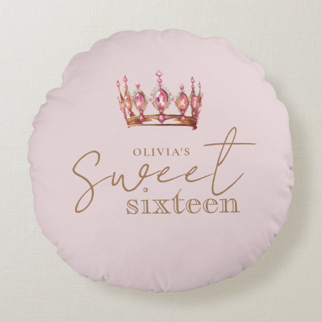 Sweet 16 Blush Pink and Gold Birthday Round Pillow (Front)