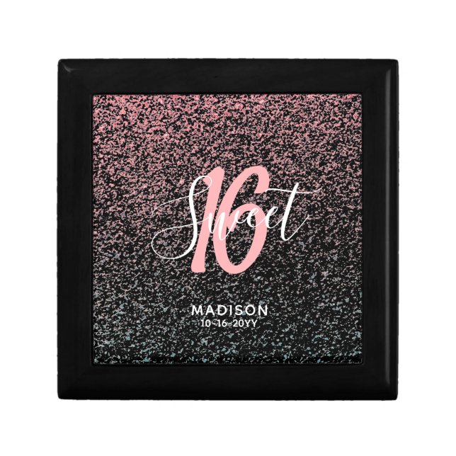 Sweet 16 Blush Pink Black Personalized Jewelry Gift Box (Front)