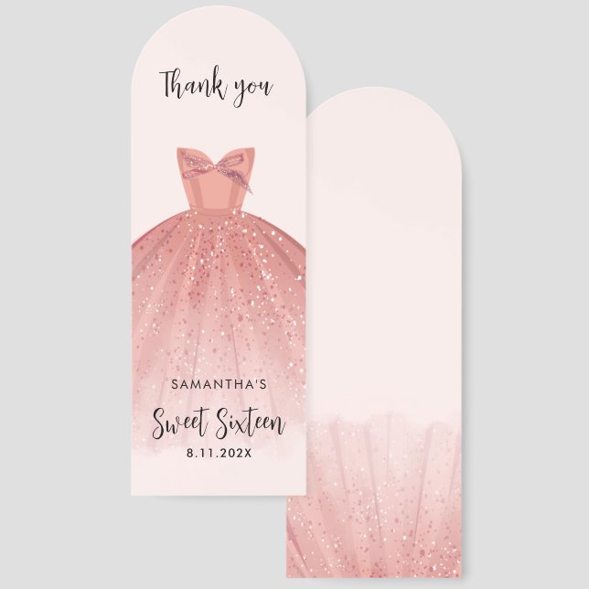 Sweet 16 Blush Pink Dress Script Thank You Custom Bookmarks (Front & Back)