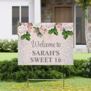 Sweet 16 Blush Pink Floral Silver Glitter Welcome Sign