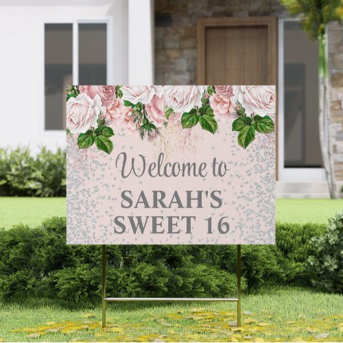 Sweet 16 Blush Pink Floral Silver Glitter Welcome Sign