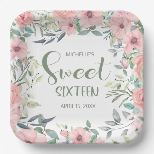 Sweet 16 Blush Pink Flowers Leaves Name Date Paper Plates