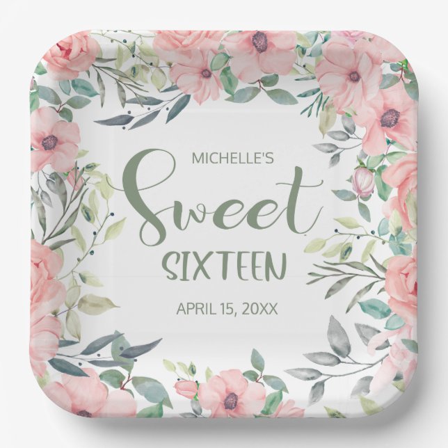 Sweet 16 Blush Pink Flowers Leaves Name Date Paper Plates (Front)