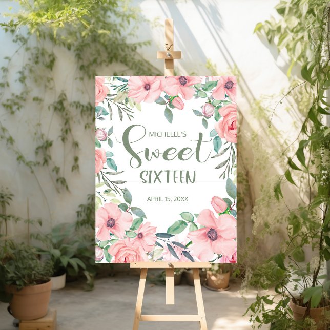 Sweet 16 Blush Pink Flowers Sage Green Leaves  Foam Board (Pink watercolor floral Sweet 16 foam core easel sign)
