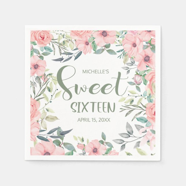 Sweet 16 Blush Pink Flowers Sage Green Leaves Napkins (Front)