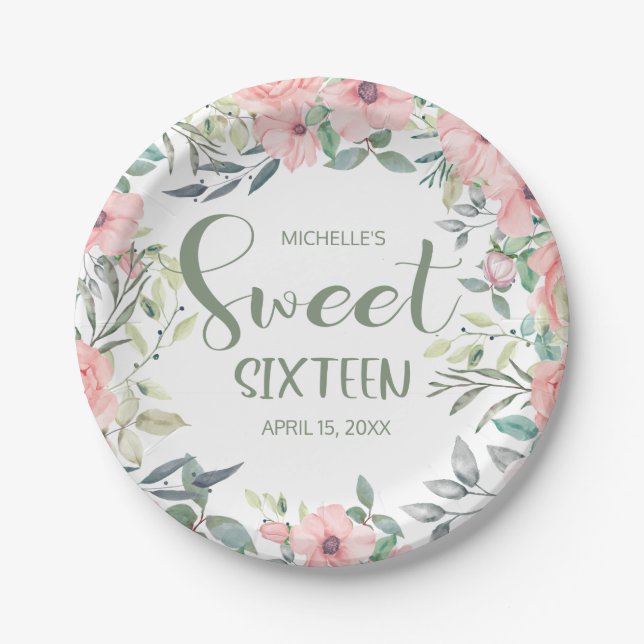 Sweet 16 Blush Pink Flowers Sage Green Leaves Paper Plates (Front)
