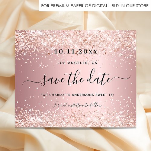 Sweet 16 blush pink glitter budget save the date flyer