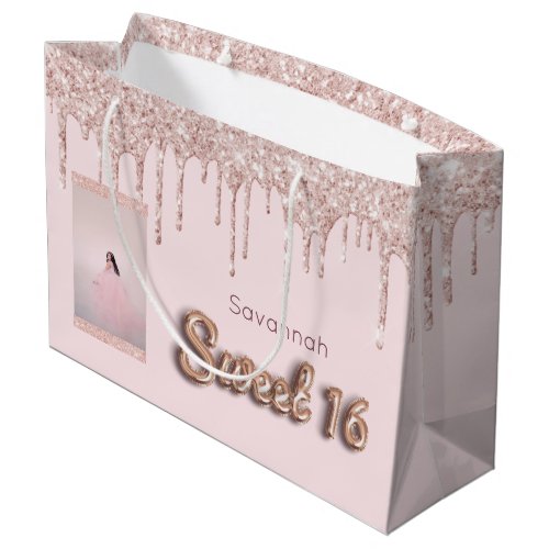 Sweet 16 blush pink glitter custom photo rose gold large gift bag