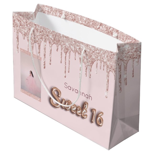 Sweet 16 blush pink glitter custom photo rose gold large gift bag (Back Angled)