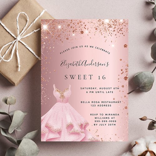 Sweet 16 blush pink glitter dress luxury invitation