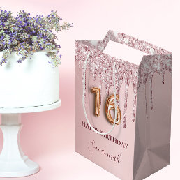 Sweet 16 blush pink glitter drips monogram 16th medium gift bag