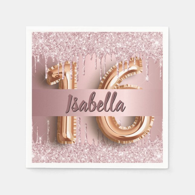 Sweet 16 blush pink glitter drips name napkins (Front)