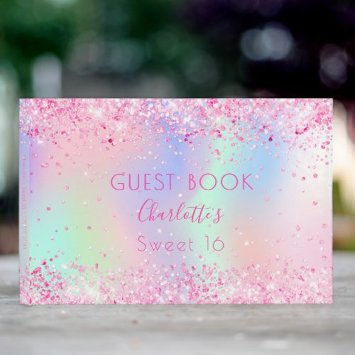 Sweet 16 blush pink glitter holographic guest book