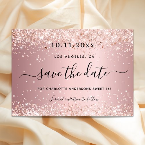 Sweet 16 blush pink glitter party save the date announcement postcard