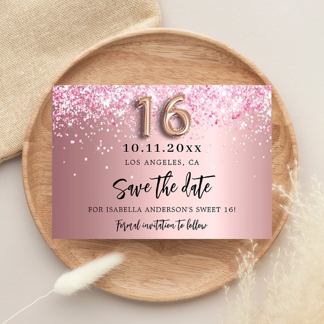 Sweet 16 blush pink glitter save the date announcement postcard (Creator Uploaded)