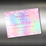 Sweet 16 blush pink glitter save the date magnet<br><div class="desc">A trendy holographic colored background with unicorn and rainbow pastel colors in pink, purple, rose gold, mint green. Decorated with faux glitter dust in pink. Personalize and add a date and name/Sweet 16 (or any age). The text: Save the Date is written with a large trendy hand lettered style script....</div>