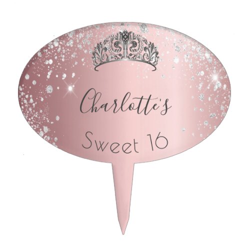 Sweet 16 blush pink glitter silver tiara name cake topper