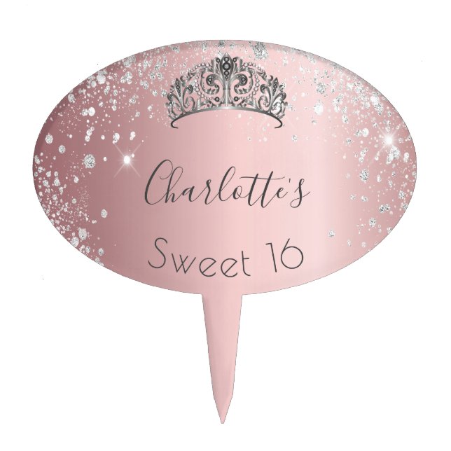 Sweet 16 blush pink glitter silver tiara name cake topper (Front)