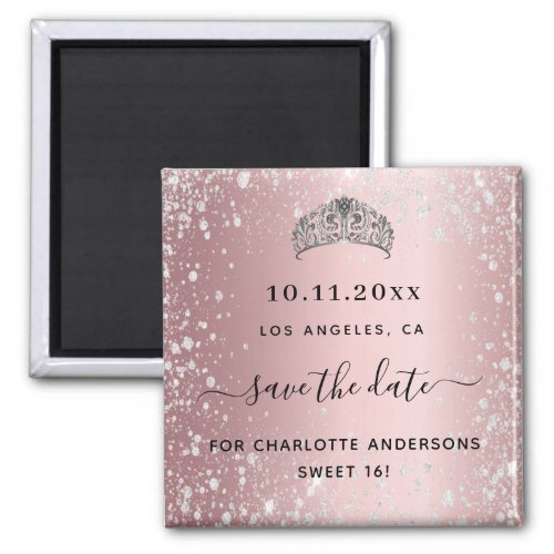 Sweet 16 blush pink glitter tiara save the date magnet