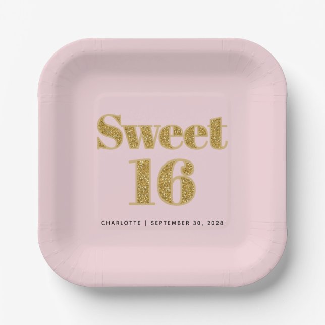 Sweet 16 Blush Pink Gold Glitter Party  Paper Plates (Front)