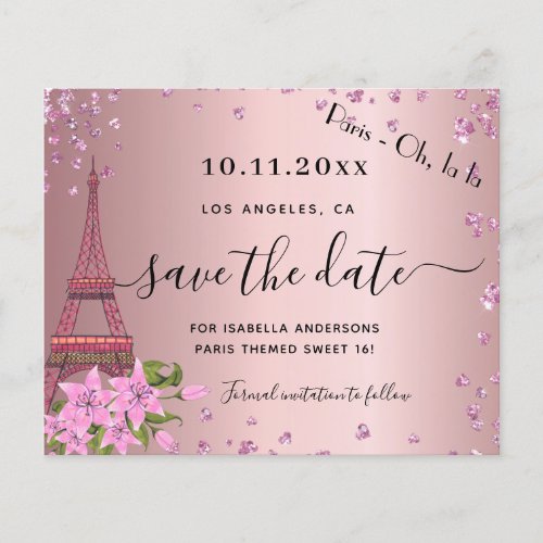 Sweet 16 blush pink paris budget save the date flyer