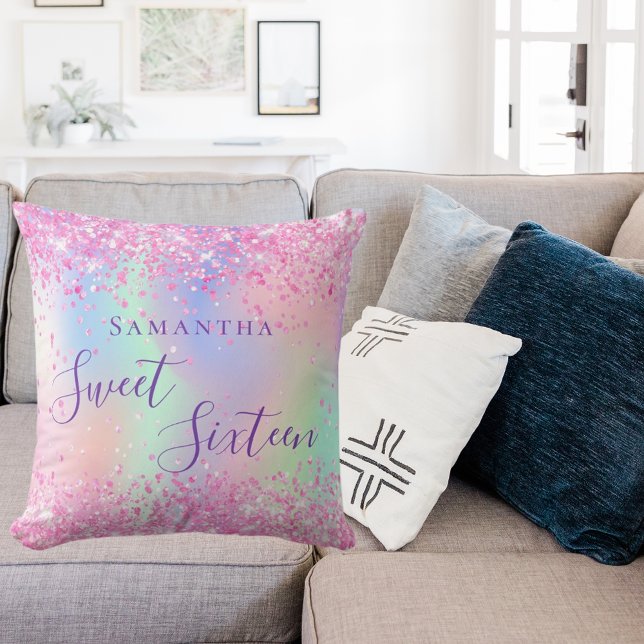 Sweet 16 blush pink purple holographic throw pillow (Creator Uploaded)