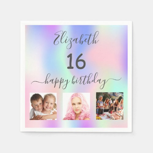 Sweet 16 blush pink purple photo holographic napkins