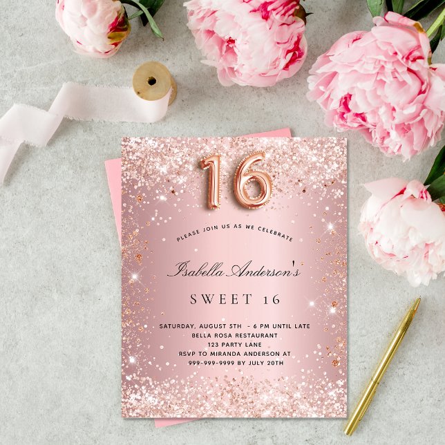 Sweet 16 blush pink rose glitter budget invitation flyer