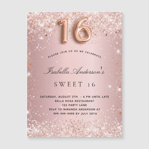 Sweet 16 blush pink rose glitter magnet invitation