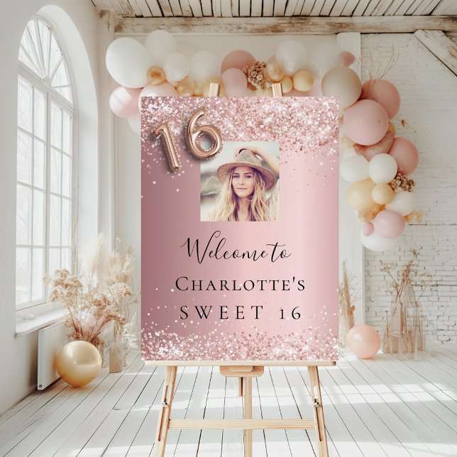 Sweet 16 blush pink rose glitter photo welcome foam board (Creator Uploaded)