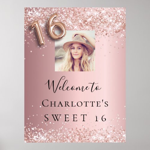 Sweet 16 blush pink rose glitter photo welcome poster