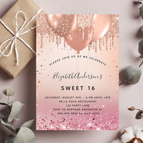 Sweet 16 blush pink rose gold balloons invitation