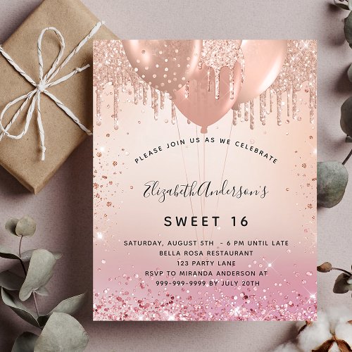 Sweet 16 blush pink rose gold budget invitation flyer