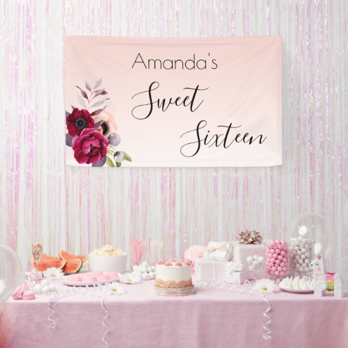 Sweet 16 blush pink rose gold floral banner