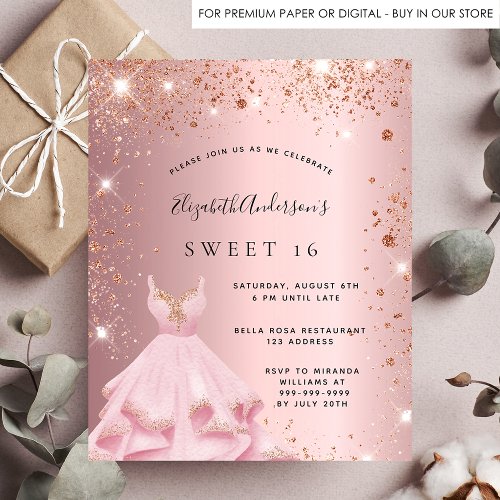 Sweet 16 blush pink rose gold glitter dress invitation postcard