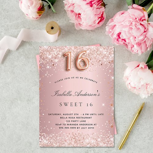 Sweet 16 blush pink rose gold glitter dust invitation postcard