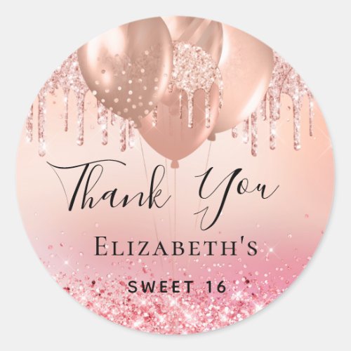 Sweet 16 blush pink rose gold glitter name classic round sticker
