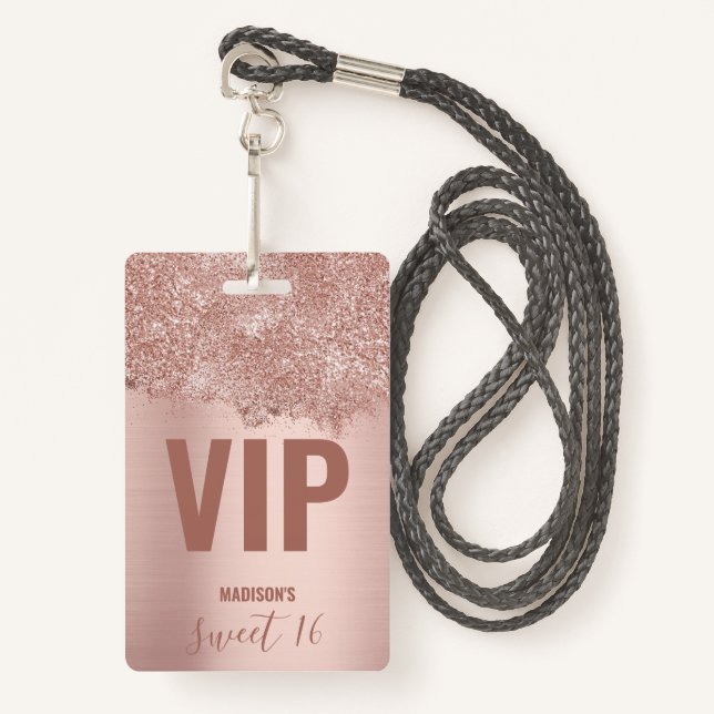 Sweet 16 Blush Pink Rose Gold Glitter Sparkles Badge (Front with Lanyard)