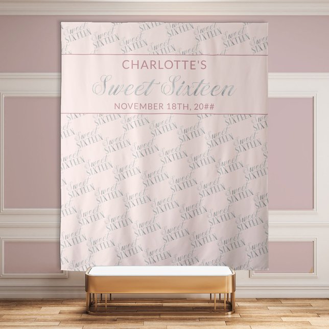 Sweet 16 Blush Pink Silver Birthday Party Backdrop (Creator Uploaded)