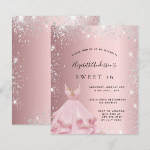Sweet 16 blush pink silver dress invitation