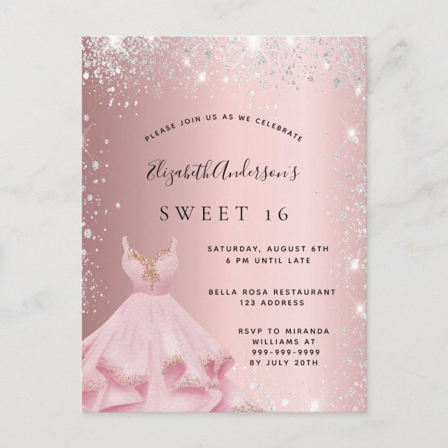 Sweet 16 blush pink silver dress invitation postcard (Front)
