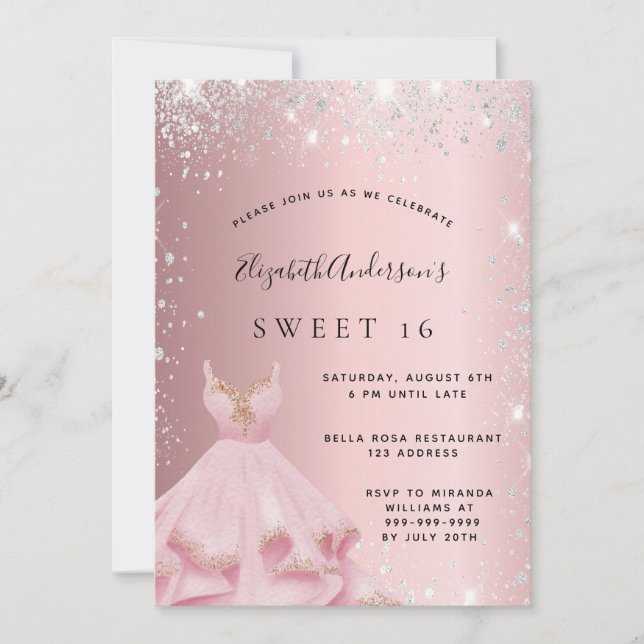 Sweet 16 blush pink silver glitter dust dress invitation (Front)