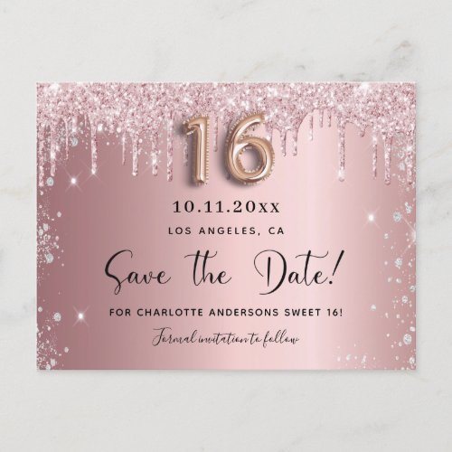 Sweet 16 blush pink silver glitter save the date announcement postcard