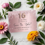Sweet 16 blush pink silver save the date announcement postcard<br><div class="desc">A girly and trendy Save the Date card for a Sweet 16, 16th birthday party. Blush pink background decorated with pink and faux silver glitter drips. Personalize and add a date and name/text. The text: Save the Date is written with a large trendy hand lettered style script with swashes. Tip:...</div>