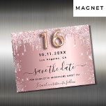 Sweet 16 blush pink silver save the date magnet<br><div class="desc">A girly and trendy Save the Date magnetic card for a Sweet 16, 16th birthday party. Blush pink faux metallic looking background decorated with pink and faux silver glitter drips and dust. Personalize and add a date and name/text. The text: Save the Date is written with a large trendy hand...</div>