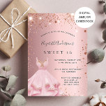 Sweet 16 blush pink sparkle dress invitation<br><div class="desc">A modern,  stylish and glamorous invitation for a Sweet 16,  16th birthday party.  A blush pink background with rose gold sparkles and a pink dress.  The name is written with a hand lettered style script.  Personalize and add your party details.</div>