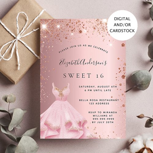 Sweet 16 blush pink sparkle dress invitation