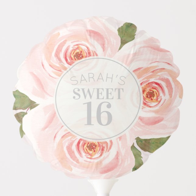 Sweet 16 Blush Pink Watercolor Floral Balloon (Front)