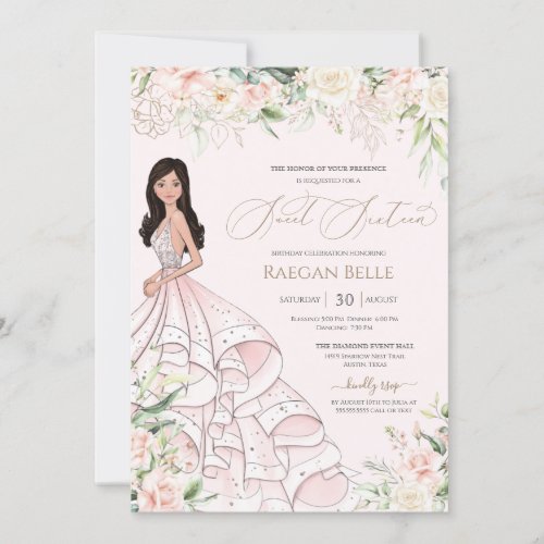 Sweet 16 Blush Pink White Roses  Luxury Gown Invitation