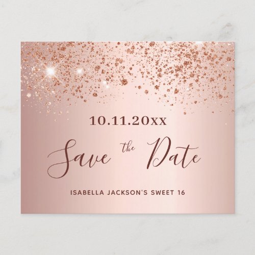 Sweet 16 blush rose glitter budget Save the Date Flyer